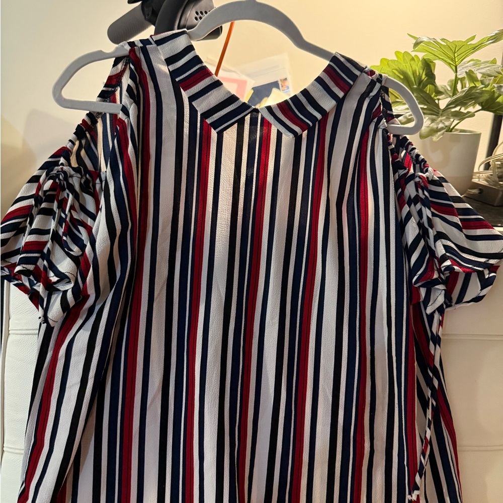 Striped Cold Shoulder Blouse in Navy and Red